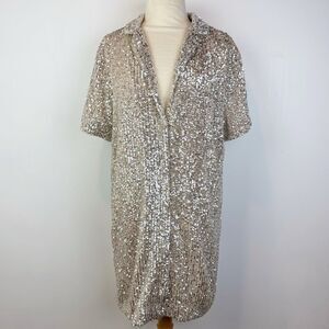 Anthropologie Sunday in Brooklyn Sequin Mini Shirtdress Silver Medium Party